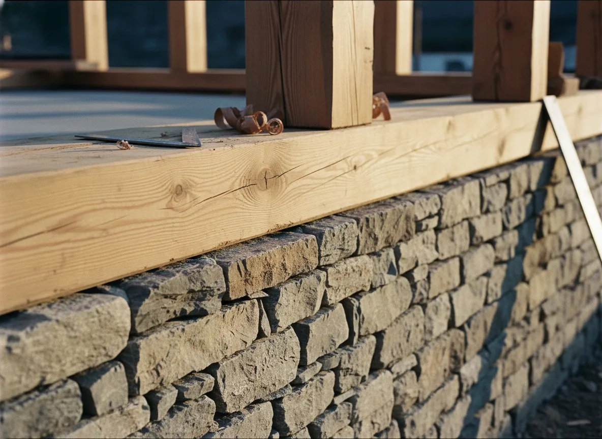Poutre de mélèze posée sur un mur de pierres sèches monté à la main, copeaux et équerre, gros plan.