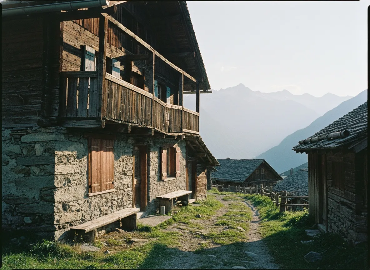Vieux chalet valaisan en pierre et bois patiné dans un hameau de montagne, lumière de fin d'après-midi.